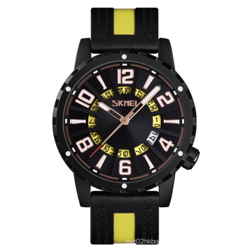 New Arrival Skmei 9202 Leather Quartz Watch Men Wristwatch Yellow Waterproof 3ATM Branded